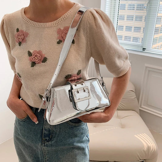 Silver Elegance: Luxury Leather Shoulder Bag for Fashionable Women
